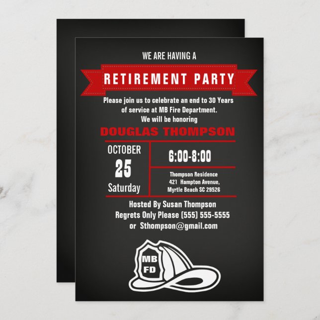 Firefighter Chalkboard  Retirement Party Invitation (Front/Back)