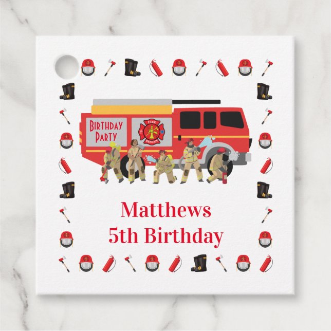 Firefighter Child Birthday Party Theme Design Favour Tags (Front)