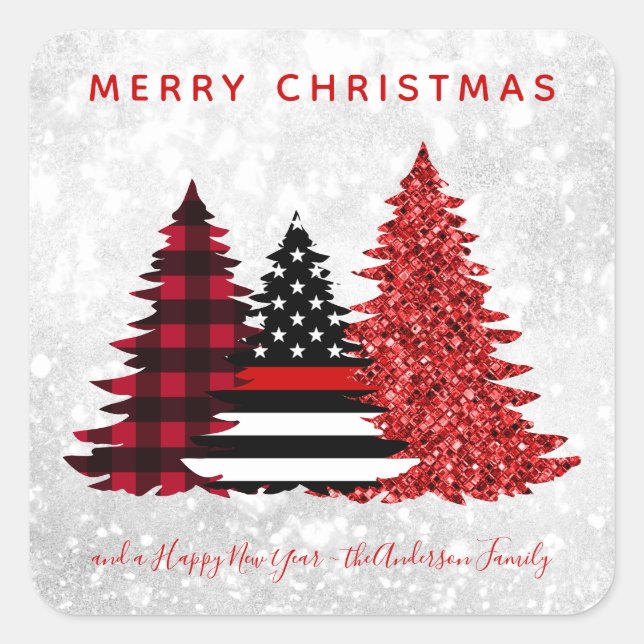 Firefighter Christmas Red Line Plaid Glitter Tree Square Sticker (Front)