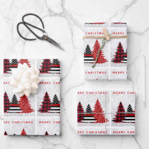 Firefighter Christmas Red Line Plaid Glitter Tree Wrapping Paper Sheet