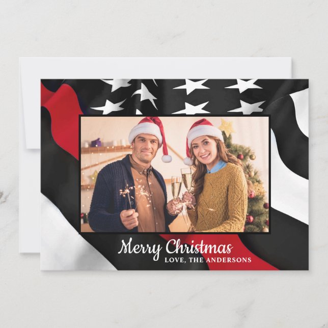 Firefighter Christmas Thin Red Line American Flag Holiday Card (Front)
