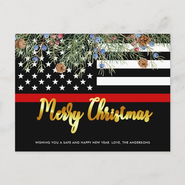 Firefighter Christmas Thin Red Line Fireman Flag Holiday Postcard (Front)