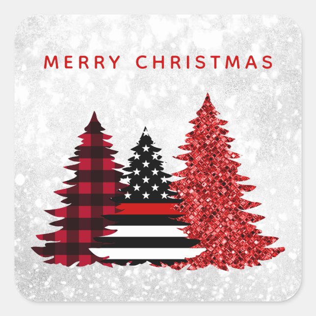 Firefighter Christmas Tree Red Line Plaid Glitter  Square Sticker (Front)