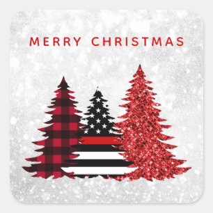 Firefighter Christmas Tree Red Line Plaid Glitter  Square Sticker