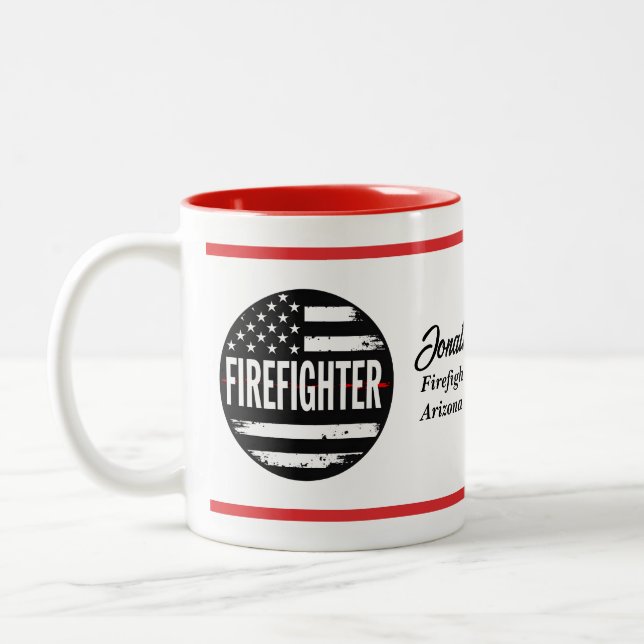 Firefighter Circle US Flag With Thin Red Line Two-Tone Coffee Mug (Left)