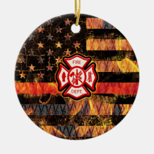 Firefighter Cross and Flames Ceramic Ornament