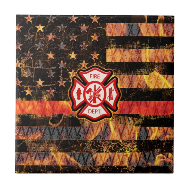 Firefighter Cross and Flames Ceramic Tile (Front)