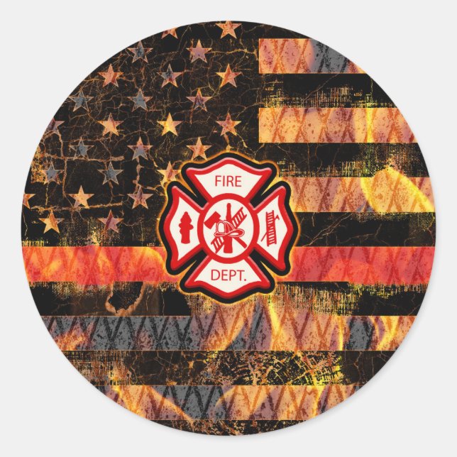 Firefighter Cross and Flames Classic Round Sticker (Front)