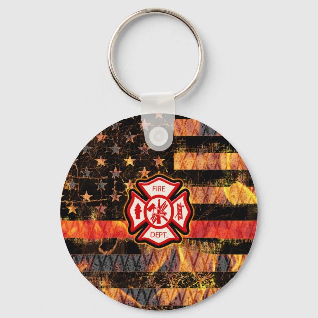Firefighter Cross and Flames Key Ring (Front)