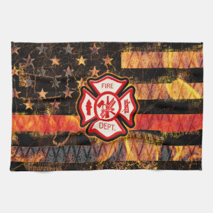 Firefighter Cross and Flames Tea Towel