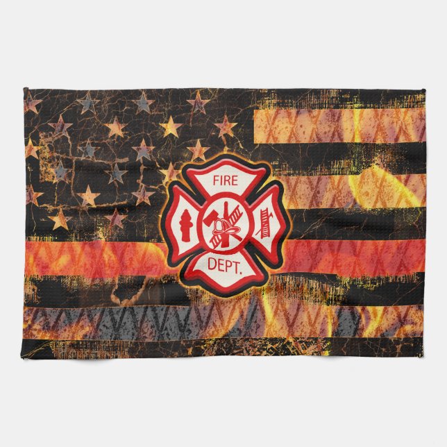 Firefighter Cross and Flames Tea Towel (Horizontal)
