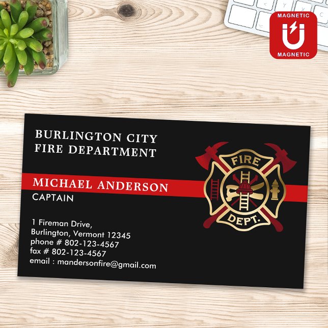 Firefighter Custom Logo Modern Red Fire Department Magnetic Business Card (Creator Uploaded)