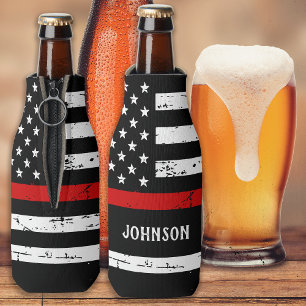 Firefighter Custom Name Thin Red Line Bottle Cooler