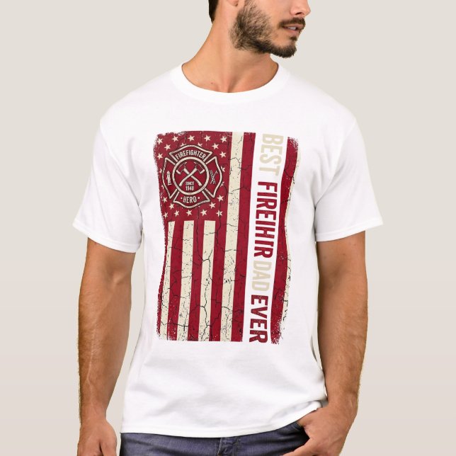Firefighter Dad Vertical Flag Vintage T-Shirt (Front)