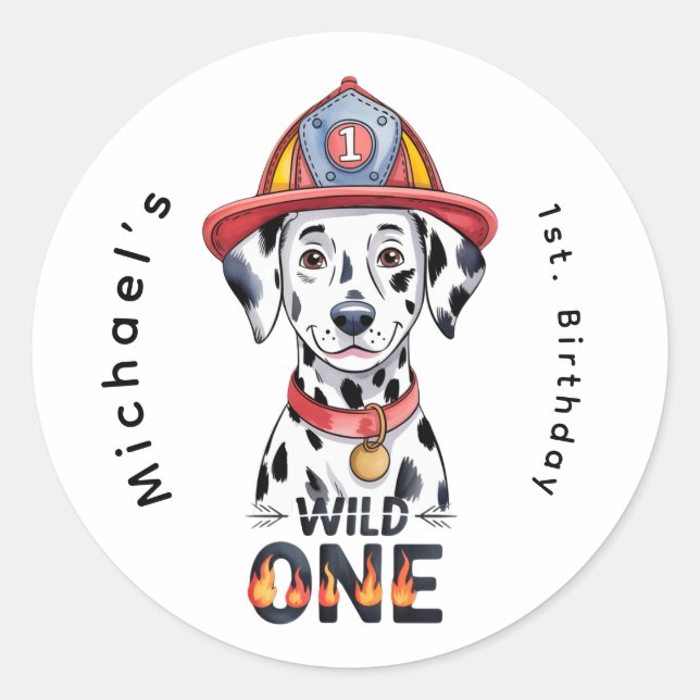 Firefighter Dalmatian Wild One 1st Birthday Party Classic Round Sticker (Front)