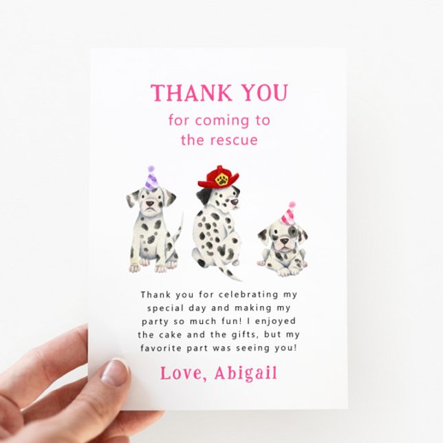 Firefighter Dalmatians Pink Birthday Party   Thank You Card (Creator Uploaded)