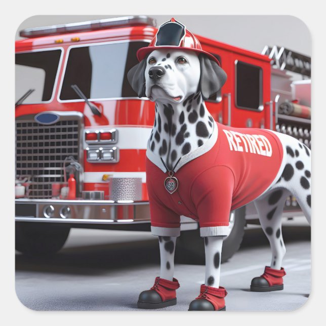 Firefighter Dalmation Wearing a Retired Shirt Square Sticker (Front)