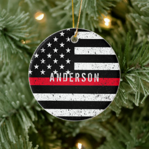 Firefighter distressed Thin Red Line with name Ceramic Ornament