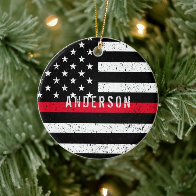 Firefighter distressed Thin Red Line with name Ceramic Ornament (Tree)