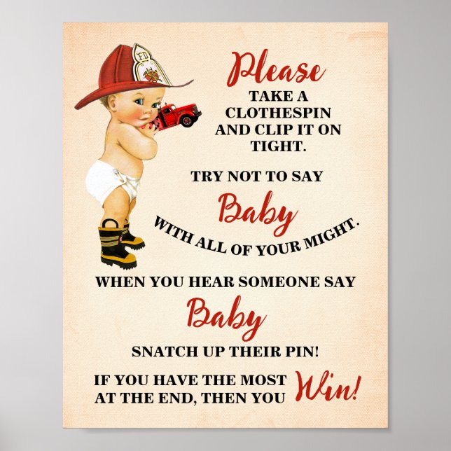Firefighter Don't say Baby Clothespin Shower Game Poster (Front)
