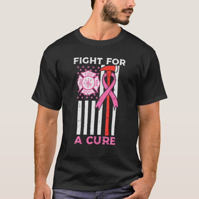 Firefighter Fight For A Cure US Flag Breast Cancer T-Shirt (Front)