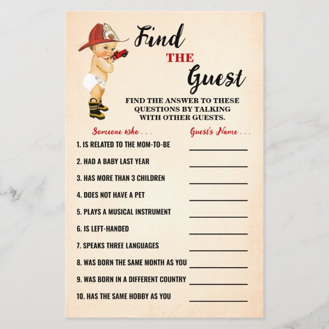 Firefighter Find the Guest Baby Shower Game Card (Front)