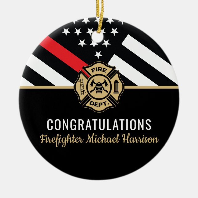 Firefighter Fire Academy Red Line Flag Graduation Ceramic Ornament (Front)