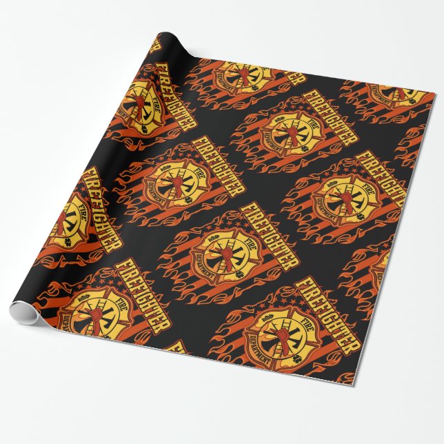 Firefighter Fire Department Badge and Flag Wrapping Paper (Unrolled)