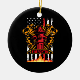 Firefighter Fire Department Fire Badge and Flag Ceramic Ornament