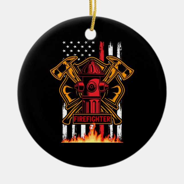 Firefighter Fire Department Fire Badge and Flag Ceramic Ornament (Front)