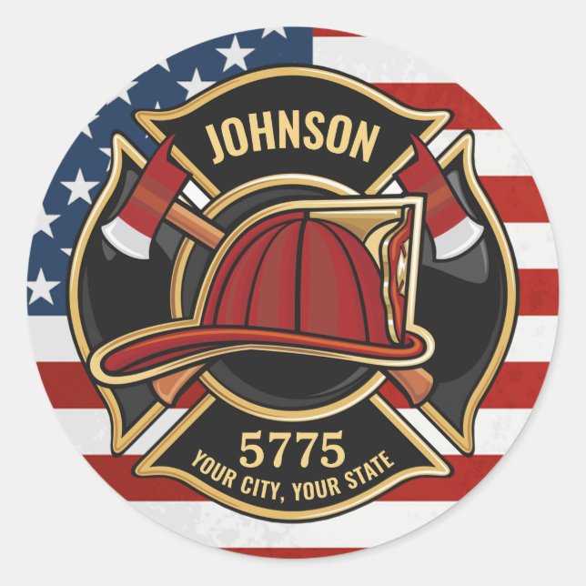 Firefighter Fire Rescue Department USA Flag Custom Classic Round Sticker (Front)
