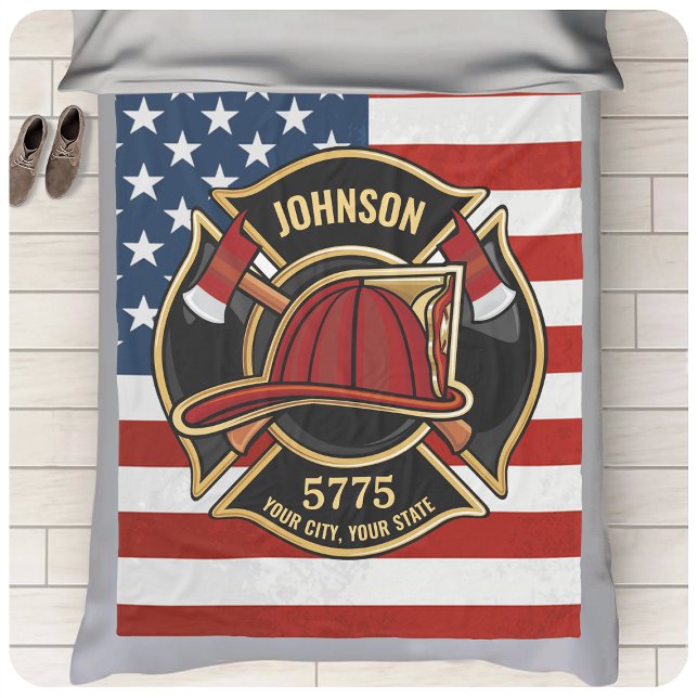 Firefighter Fire Rescue Department USA Flag Custom Fleece Blanket (Creator Uploaded)