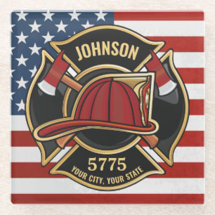 Firefighter Fire Rescue Department USA Flag Custom Glass Coaster