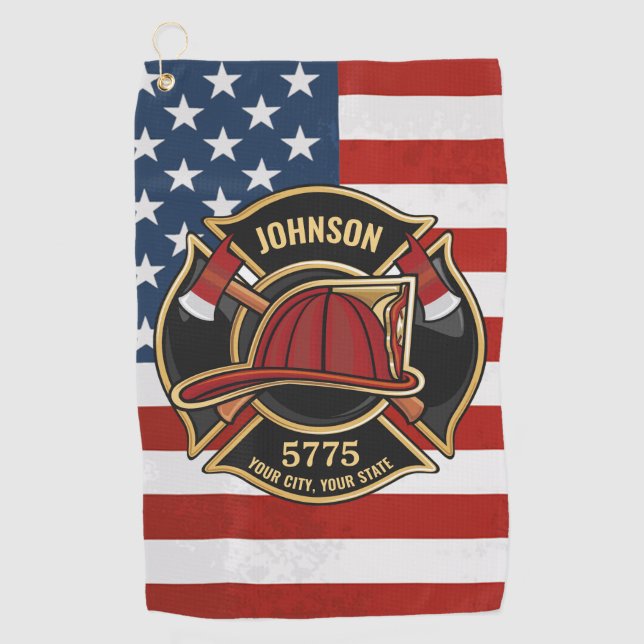 Firefighter Fire Rescue Department USA Flag Custom Golf Towel (Front)