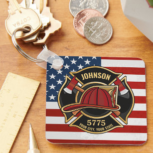 Firefighter Fire Rescue Department USA Flag Custom Key Ring