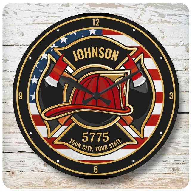 Firefighter Fire Rescue Department USA Flag Custom Large Clock (Creator Uploaded)