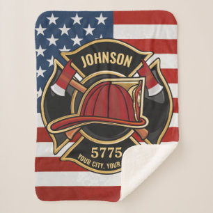 Firefighter Fire Rescue Department USA Flag Custom Sherpa Blanket