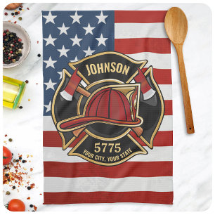 Firefighter Fire Rescue Department USA Flag Custom Tea Towel