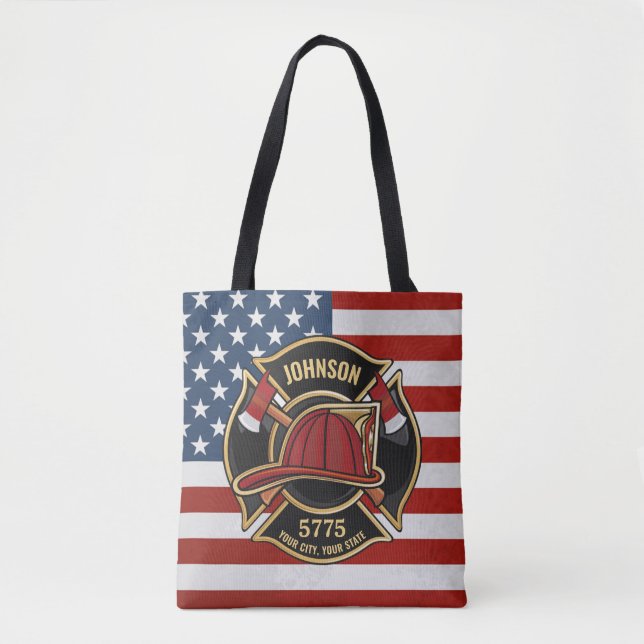 Firefighter Fire Rescue Department USA Flag Custom Tote Bag (Front)