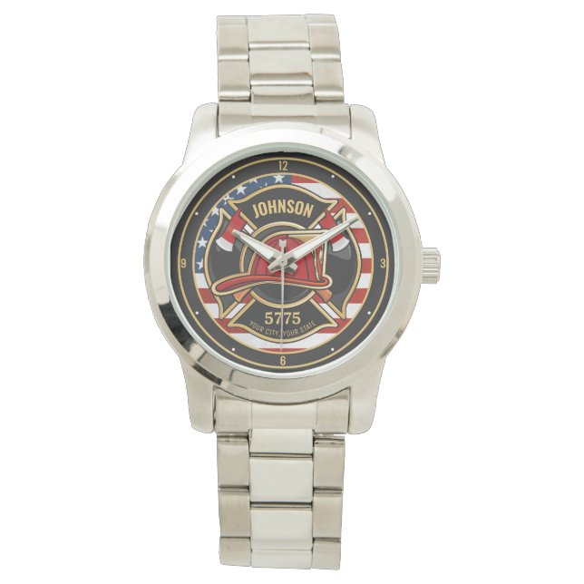 Firefighter Fire Rescue Department USA Flag Custom Watch (Front)