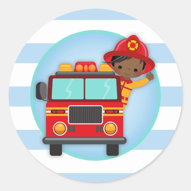 Firefighter Fire Truck African American Boy Classic Round Sticker (Front)
