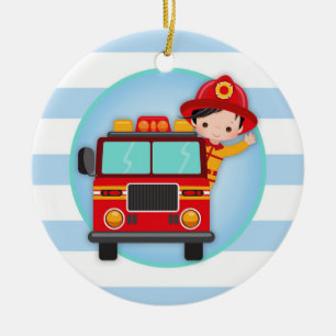 Firefighter Fire Truck Black Hair Boy Ceramic Ornament