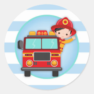 Firefighter Fire Truck Black Hair Boy Classic Round Sticker