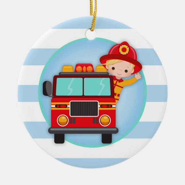 Firefighter Fire Truck Blonde Hair Boy Ceramic Ornament (Front)