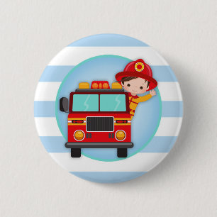 Firefighter Fire Truck Brown Hair Boy 6 Cm Round Badge