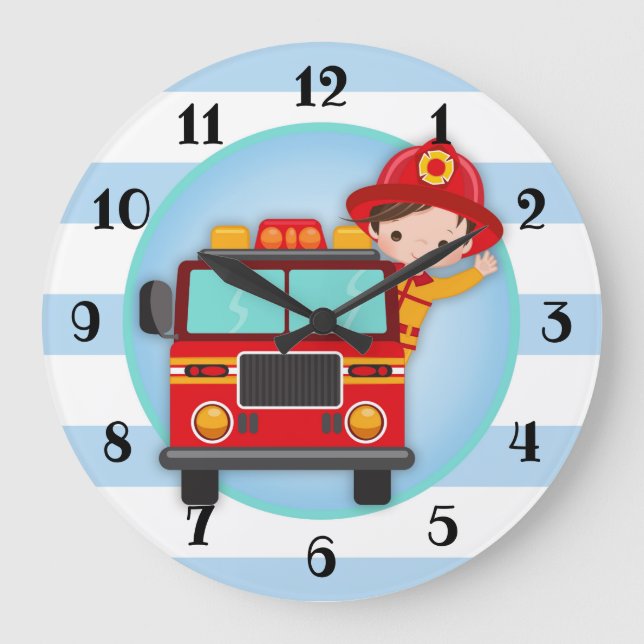 Firefighter Fire Truck Brown Hair Boy Large Clock (Front)