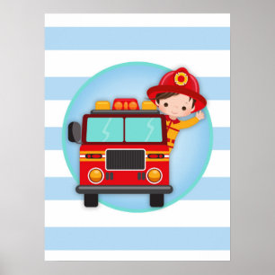 Firefighter Fire Truck Brown Hair Boy Poster