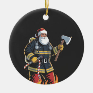 Firefighter Fire Truck Christmas Tree Santa Xmas Ceramic Ornament