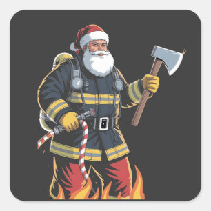 Firefighter Fire Truck Christmas Tree Santa Xmas Square Sticker