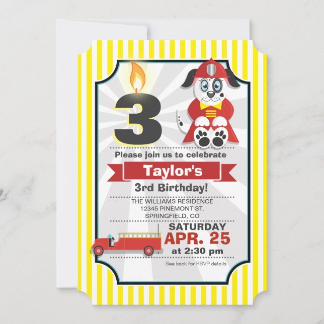 Firefighter, Fire Truck Kids Birthday Party Invitation (Front)